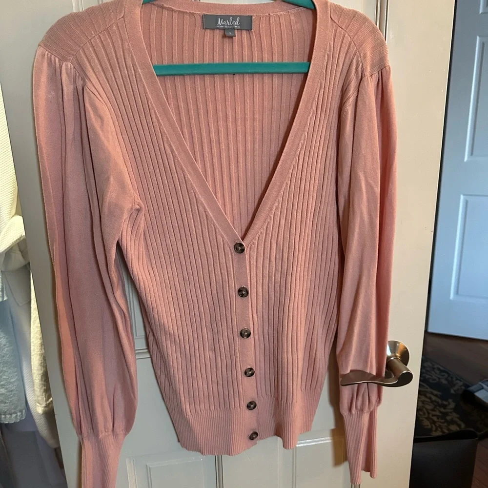 Marella Dusty Rose Ribbed V-Neck Button-Front Cardigan - Picture 1 of 2